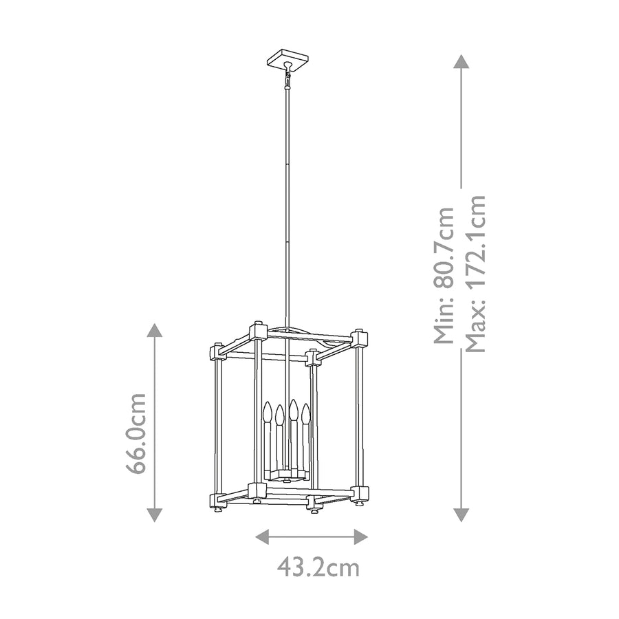 Schéma coté avec hauteur réglable de 80,7 à 172,1 cm et largeur 43,2 cm.