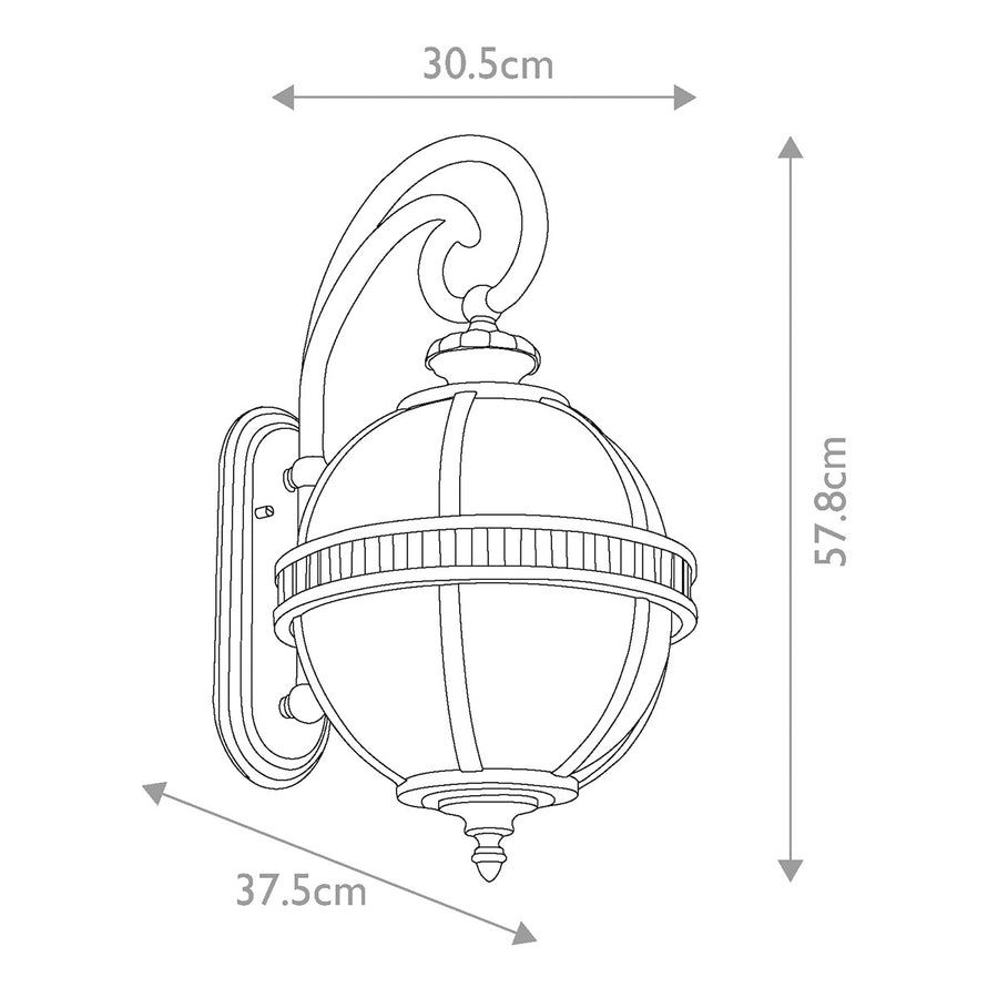 Schéma coté du luminaire : hauteur 57,8 cm, largeur 30,5 cm, profondeur 37,5 cm