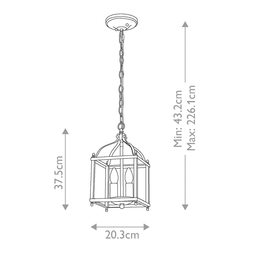 Schéma technique côté : hauteur réglable de 43,2 à 226,1 cm et largeur 20,3 cm.
