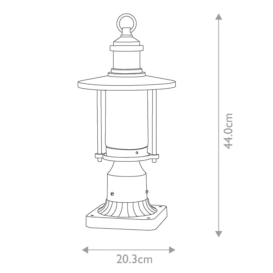 Schéma coté indiquant 44 cm de hauteur et 20,3 cm de largeur