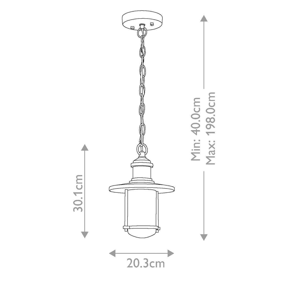 Schéma technique coté indiquant hauteur minimale, maximale et largeur du produit.
