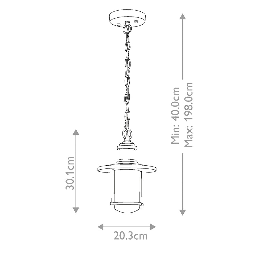Schéma technique coté indiquant hauteur minimale, maximale et largeur du produit.