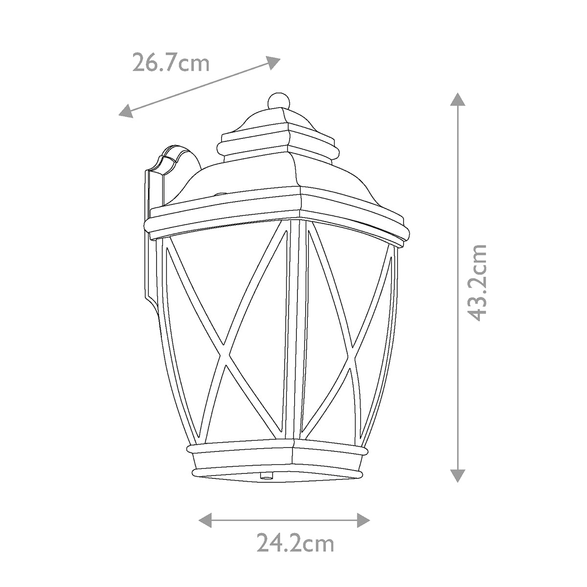 Schéma technique coté indiquant 43,2 cm de hauteur, 24,2 cm de largeur et 26,7 cm