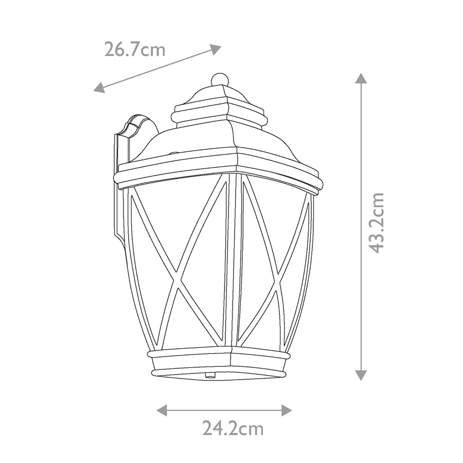 Schéma technique coté indiquant 43,2 cm de hauteur, 24,2 cm de largeur et 26,7 cm