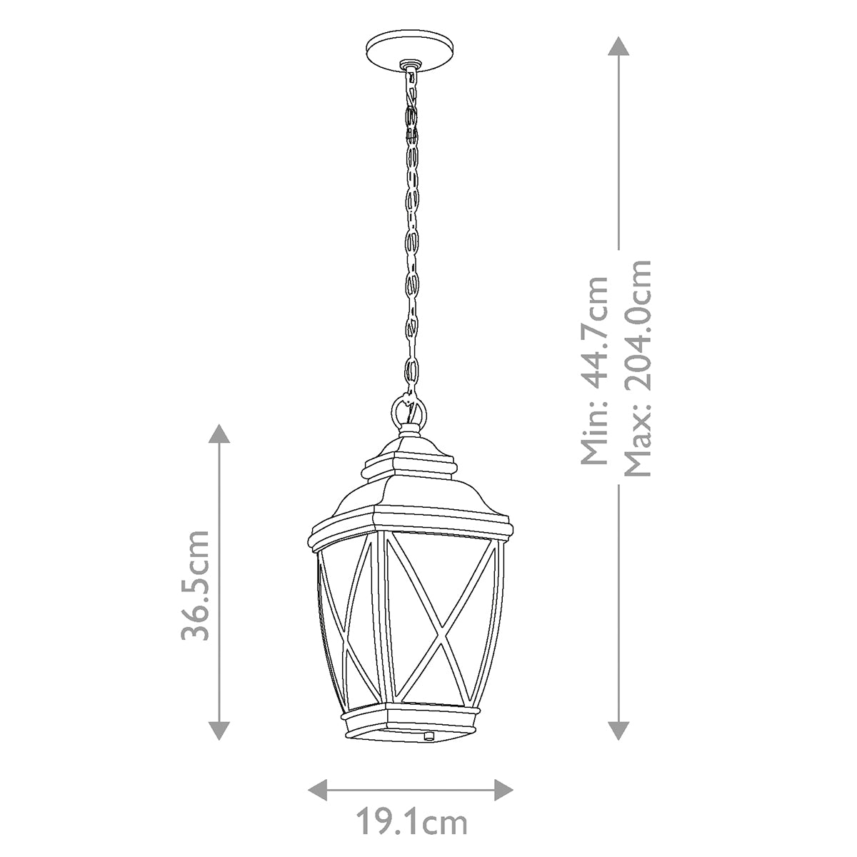 Schéma coté avec hauteur 36.5 cm, largeur 19.1 cm et chaîne réglable jusqu'à 204 cm.