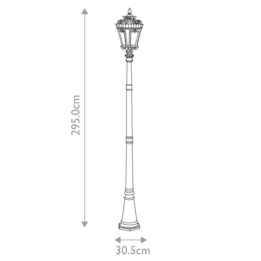 Schéma technique coté du lampadaire : hauteur 295 cm et largeur 30,5 cm.