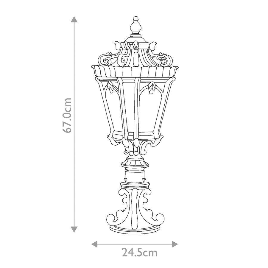 Schéma technique coté du lampadaire, hauteur 67 cm et largeur 24,5 cm.