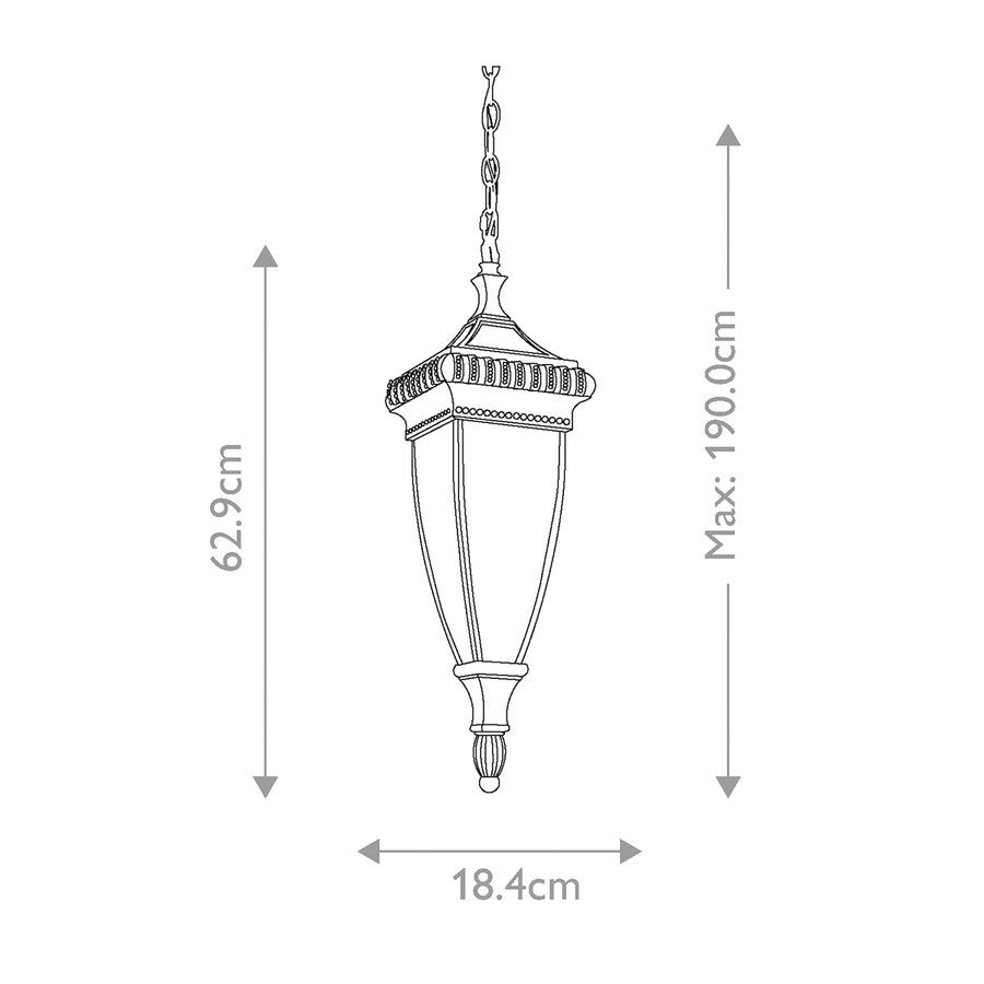 Schéma coté : hauteur 62,9 cm, largeur 18,4 cm, hauteur maximale 190 cm.