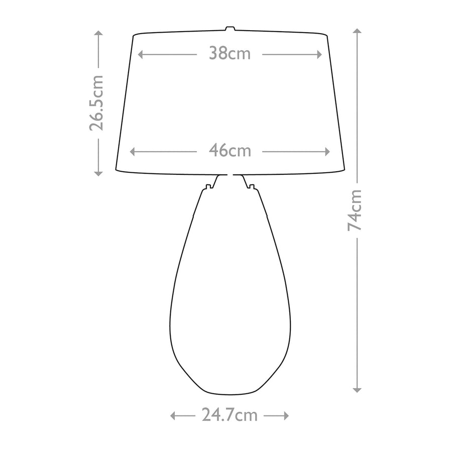 Schéma coté du luminaire indiquant 74 cm de hauteur et dimensions de l'abat-jour