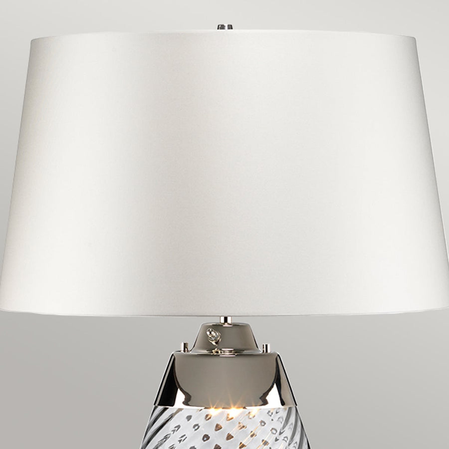 Gros plan sur l'abat-jour blanc et la bague chromée au sommet de la lampe