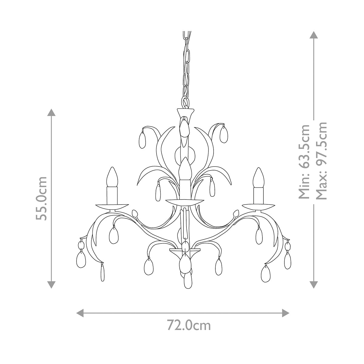 Plan coté : hauteur 55 cm, largeur 72 cm, suspension réglable de 63,5 à 97,5 cm.