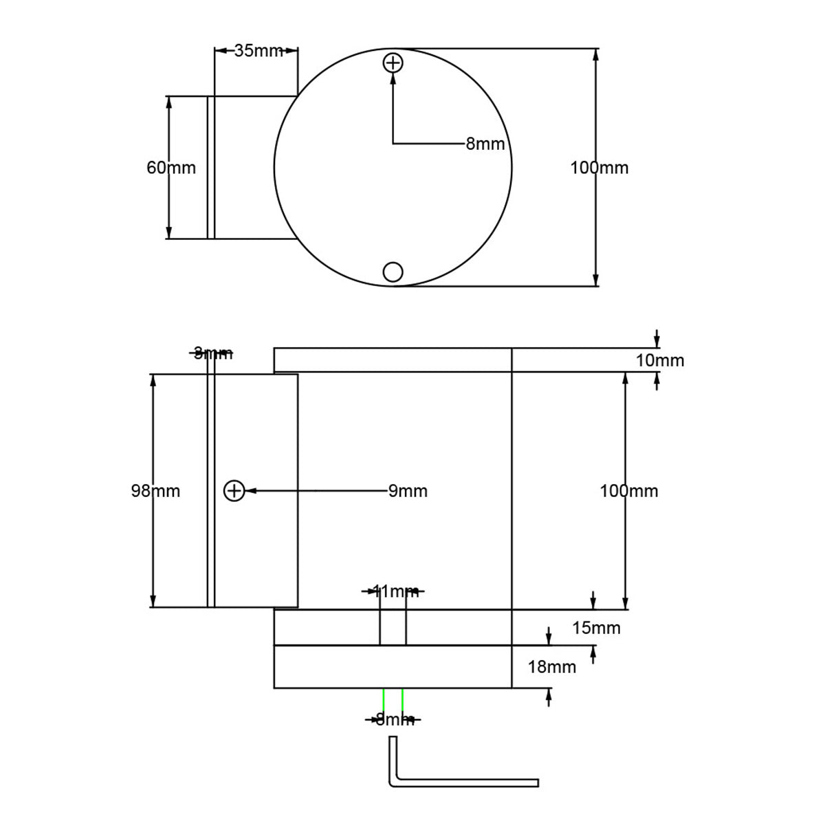 Schéma technique avec cotations du support mural et du corps cylindrique.