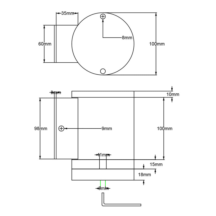 Schéma technique avec cotations du support mural et du corps cylindrique.