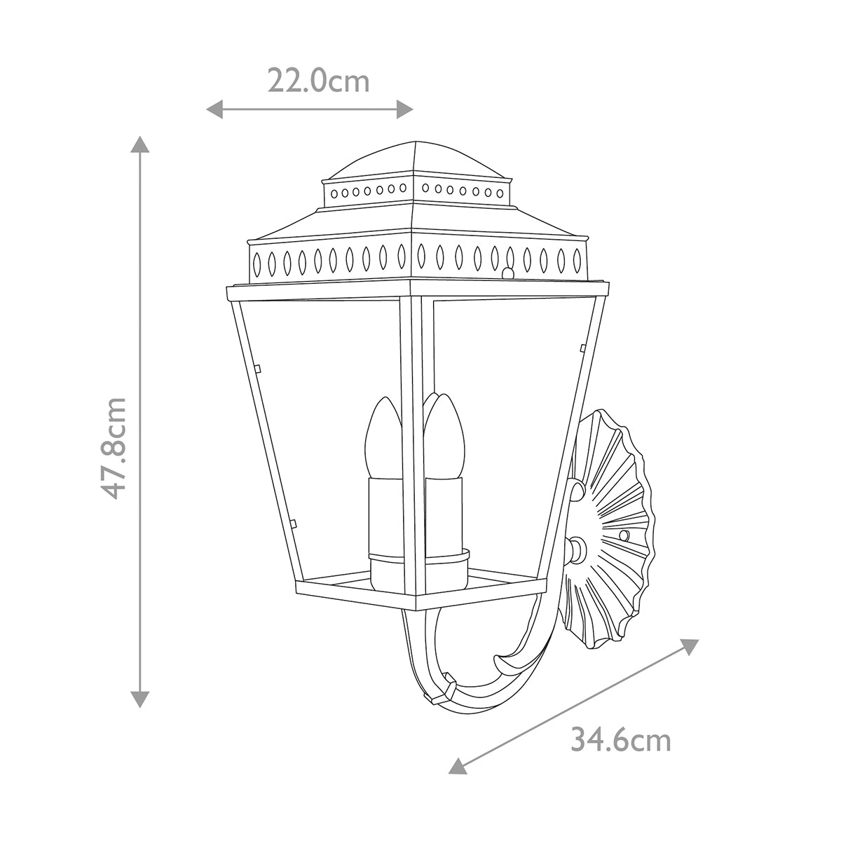 Schéma coté de l applique avec hauteur 47.8 cm, largeur 22 cm, profondeur 34.6 cm