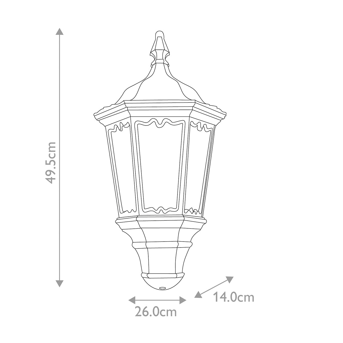 Schéma coté du luminaire, hauteur 49,5 cm, largeur 26 cm, profondeur 14 cm