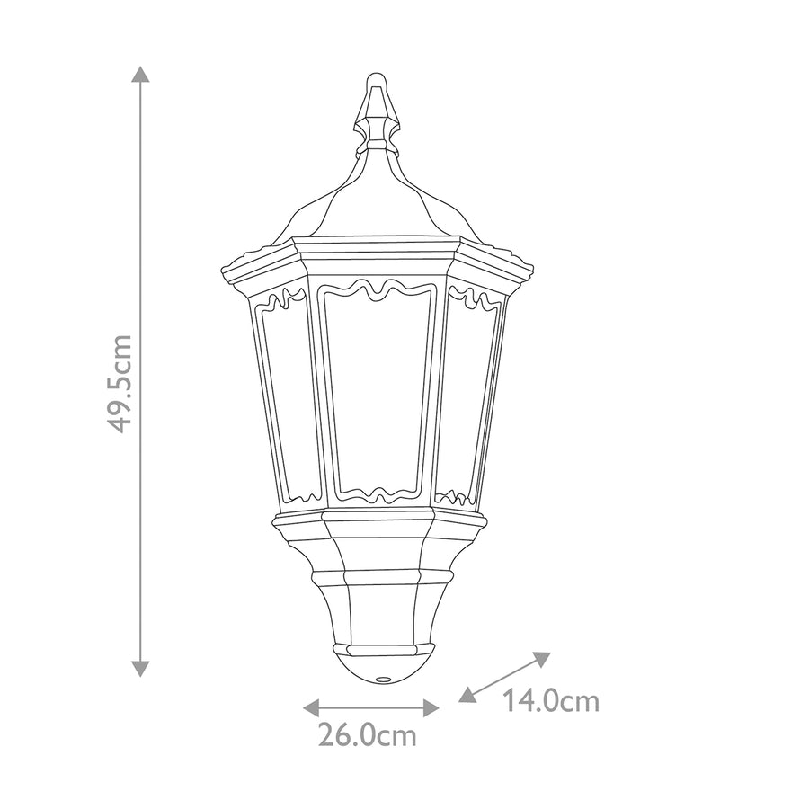Schéma coté du luminaire, hauteur 49,5 cm, largeur 26 cm, profondeur 14 cm