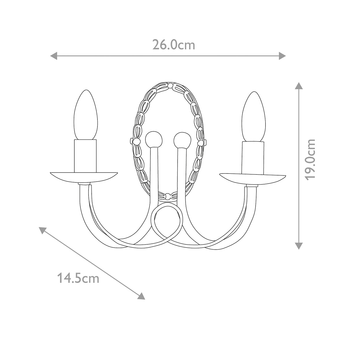 Schéma de dimensions coté : largeur 26 cm, hauteur 19 cm, profondeur 14,5 cm.