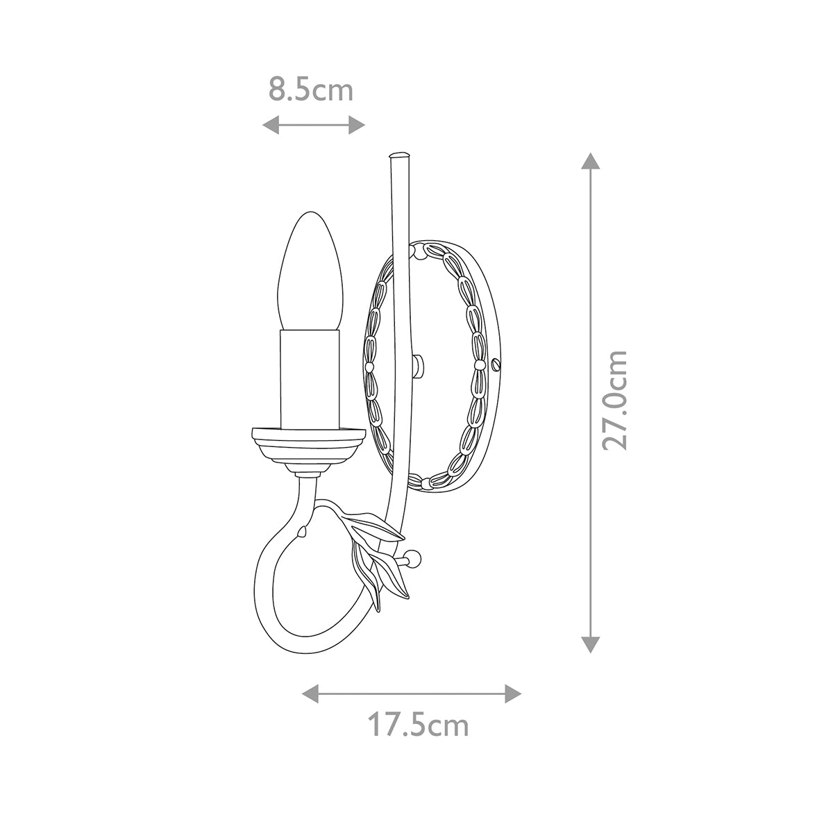 Schéma de dimensions montrant 8,5 cm de profondeur, 27 cm de haut, 17,5 cm de large