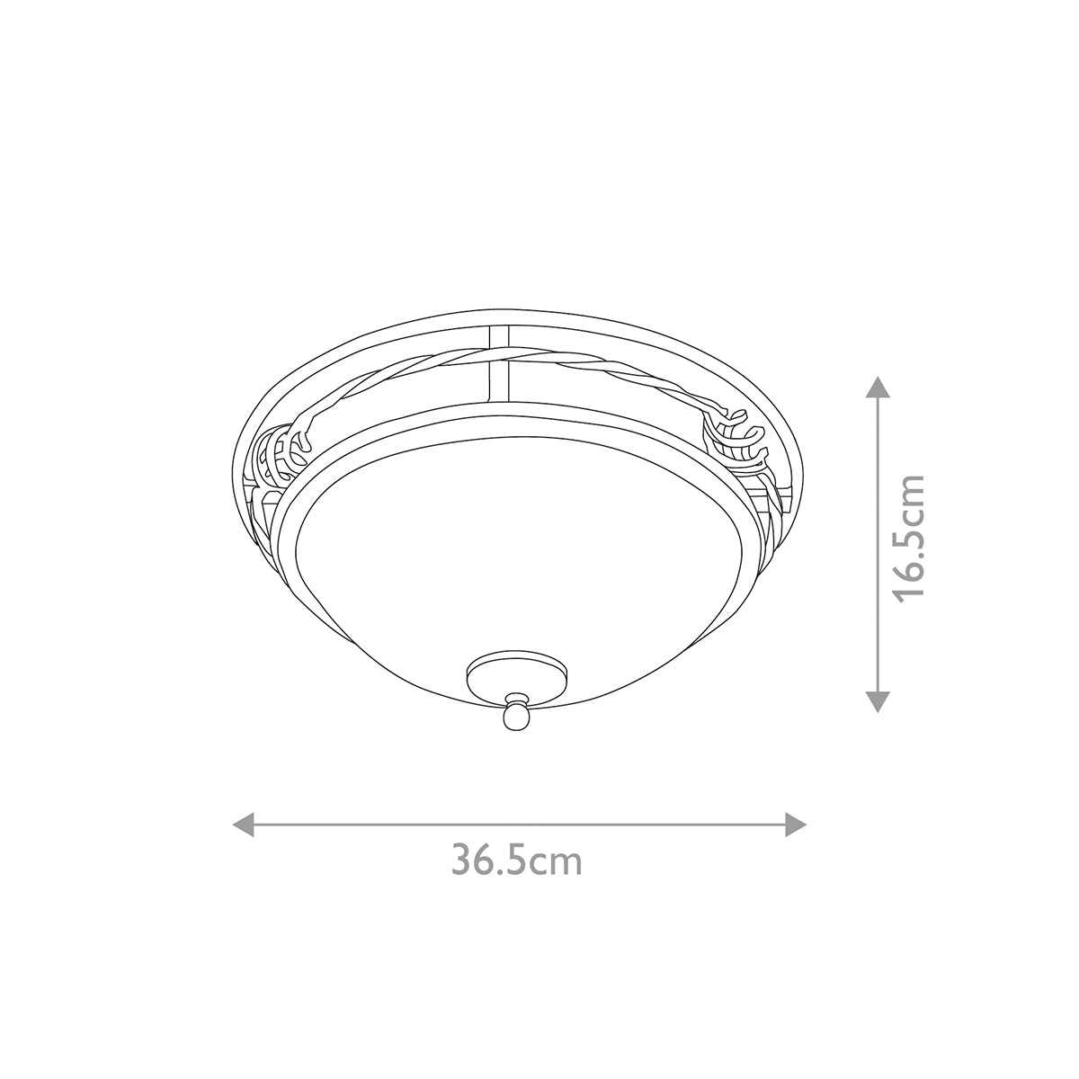 Schéma technique coté indiquant un diamètre de 36,5 cm et une hauteur de 16,5 cm
