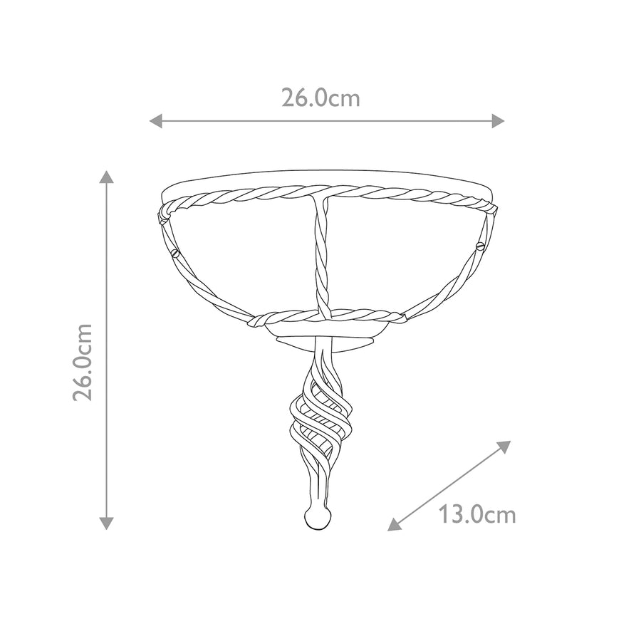 Schéma coté de l applique indiquant 26 cm de large, 26 cm de haut et 13 cm de profondeur