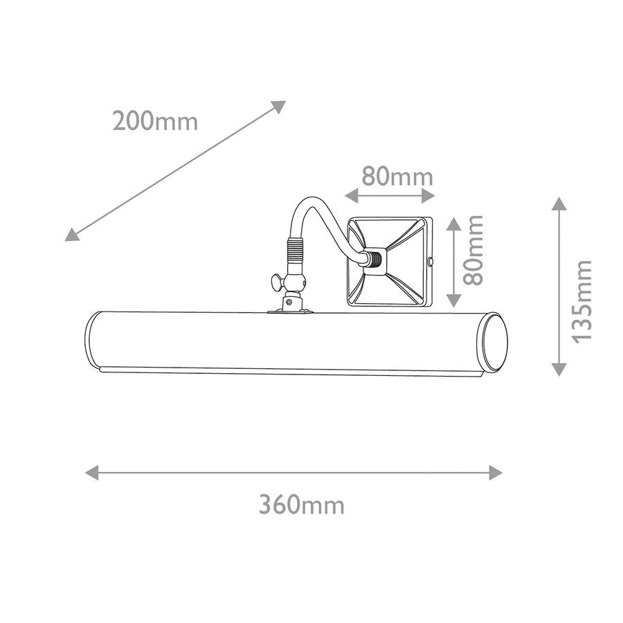 Schéma de dimensions coté : largeur 360 mm, hauteur 135 mm, profondeur 200 mm