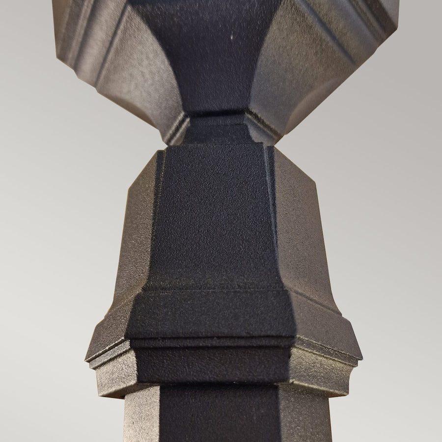 Détail de la jonction entre le fût et la lanterne, texture métal noir granité.