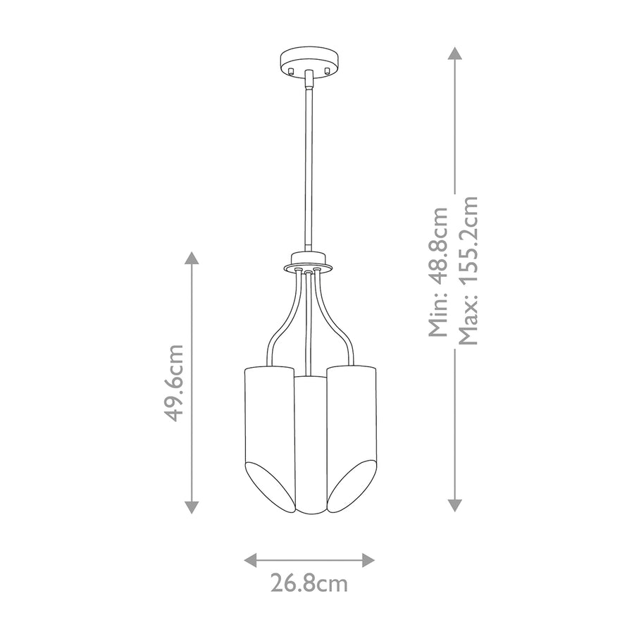 Schéma coté du luminaire indiquant hauteur réglable et largeur totale en centimètres