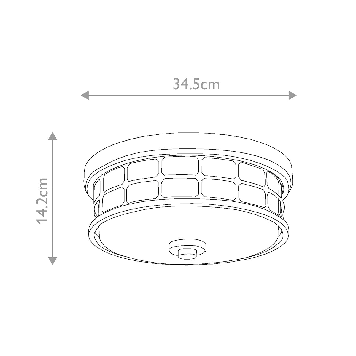 Schéma technique coté du plafonnier : 34,5 cm de diamètre et 14,2 cm de hauteur.