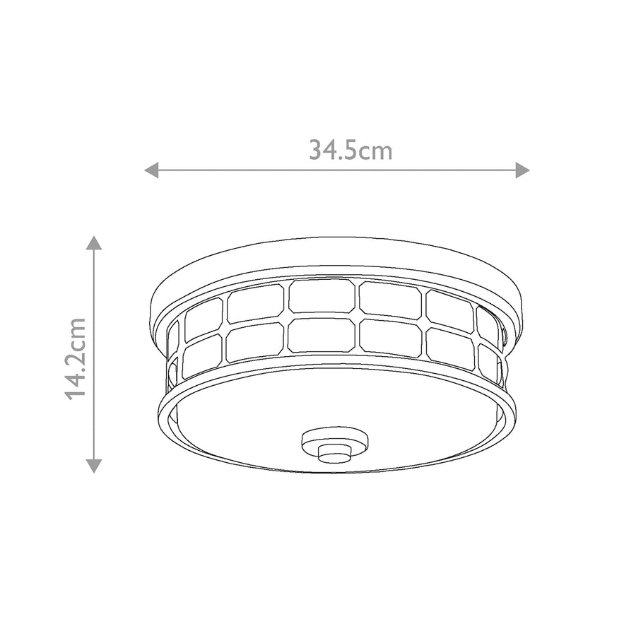 Schéma technique coté du plafonnier : 34,5 cm de diamètre et 14,2 cm de hauteur.