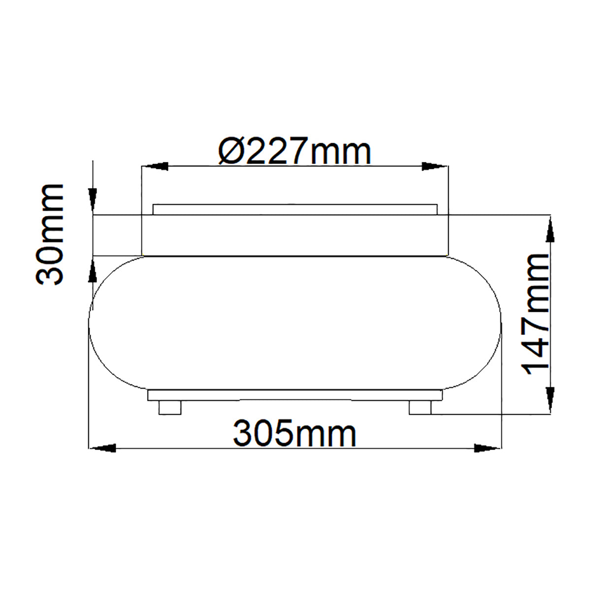 Schéma technique coté, diamètre 227 mm, hauteur 147 mm, largeur 305 mm