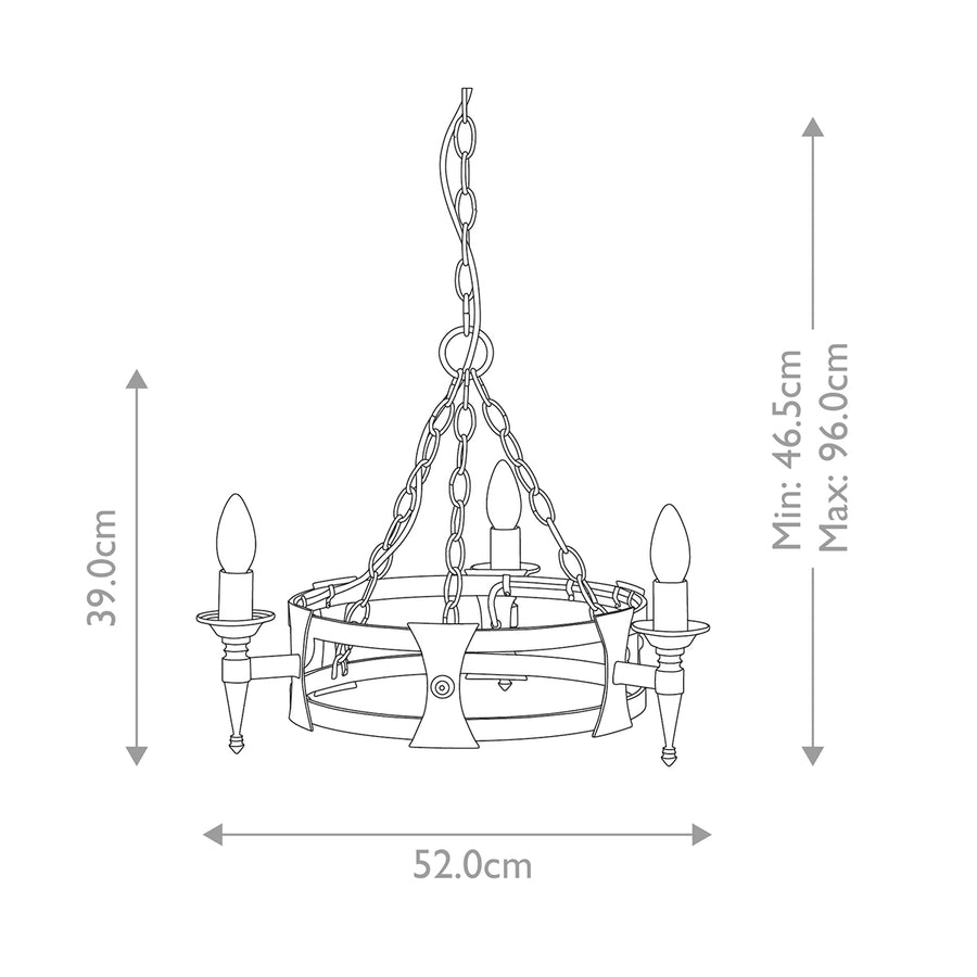 Schéma technique coté : hauteur 39 cm, largeur 52 cm, suspension réglable.
