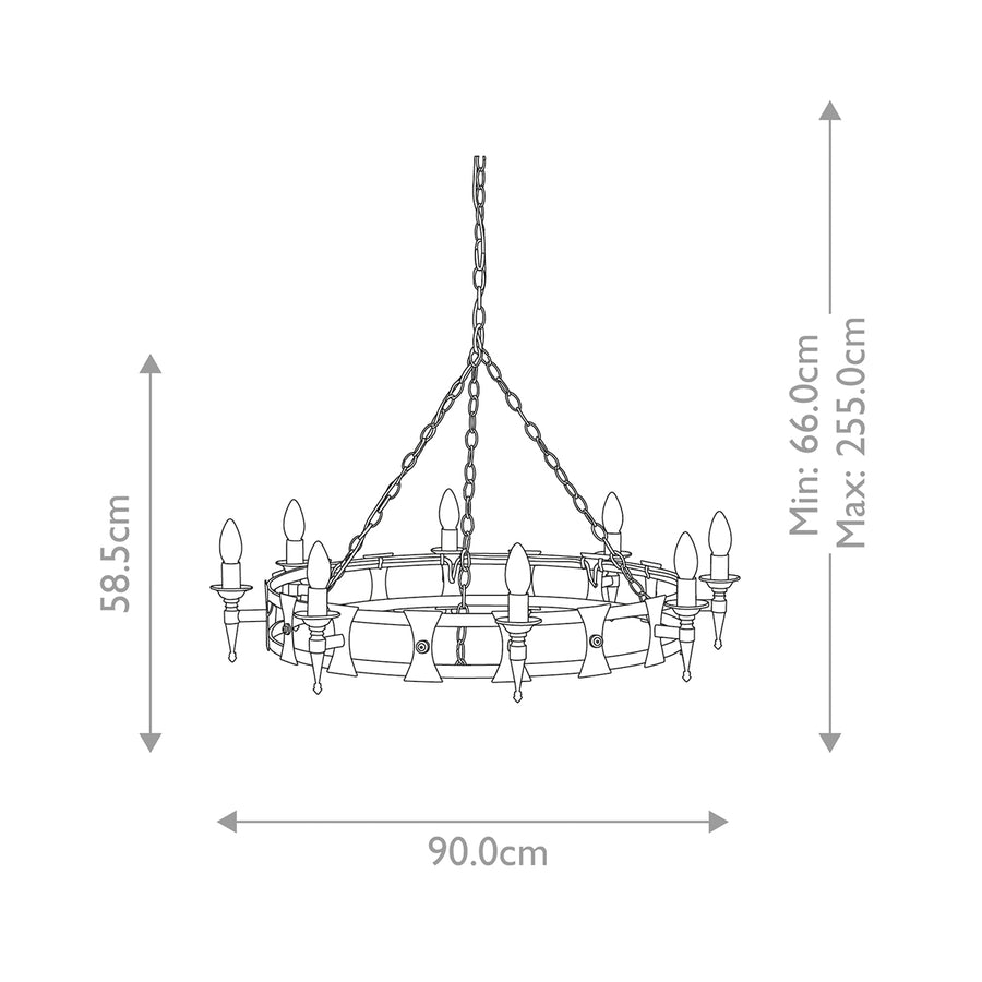 Schéma coté du lustre : diamètre 90 cm et hauteur réglable