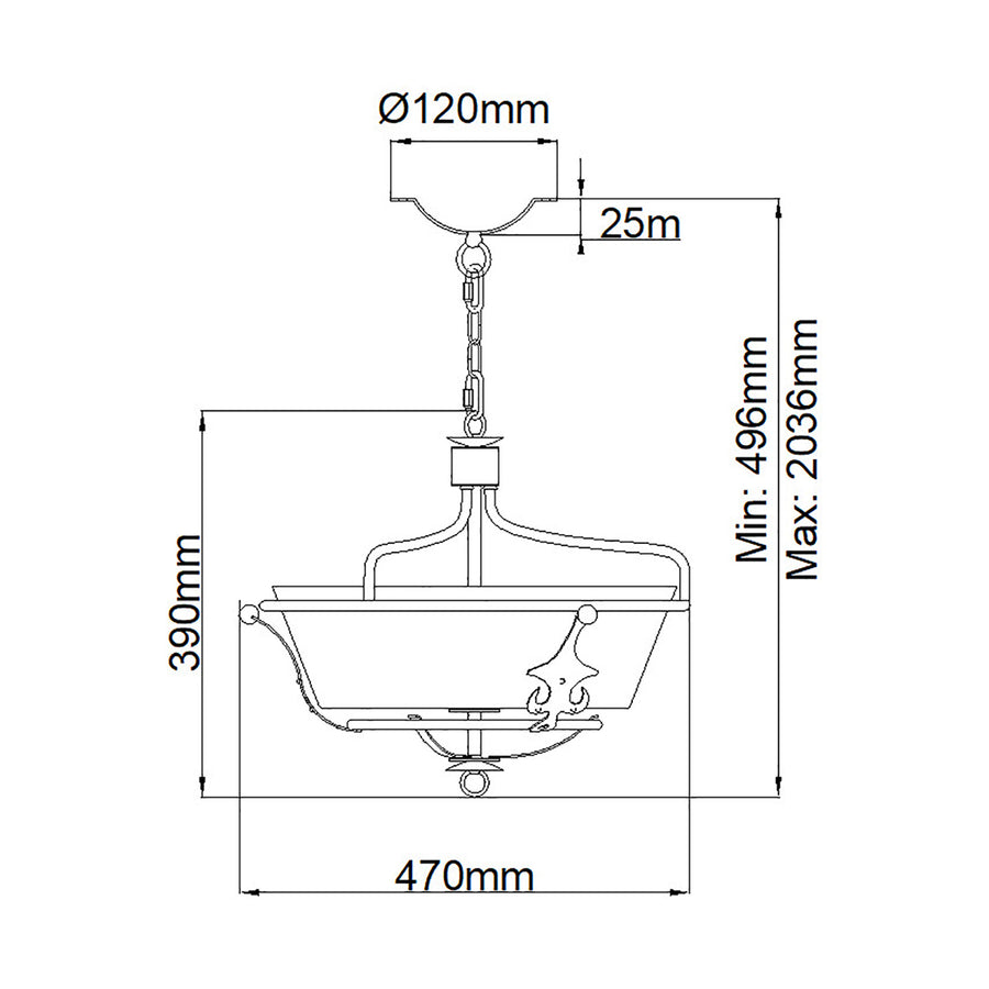 Schéma technique côté du luminaire avec dimensions en millimètres et hauteur réglable.