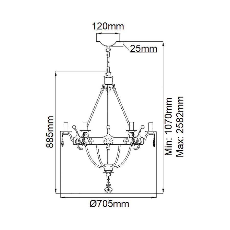 Schéma technique avec cotes : diamètre, hauteur minimale et maximale du lustre.