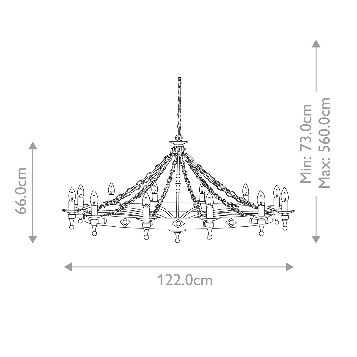 Schéma technique coté indiquant diamètre et hauteur minimale et maximale du luminaire.