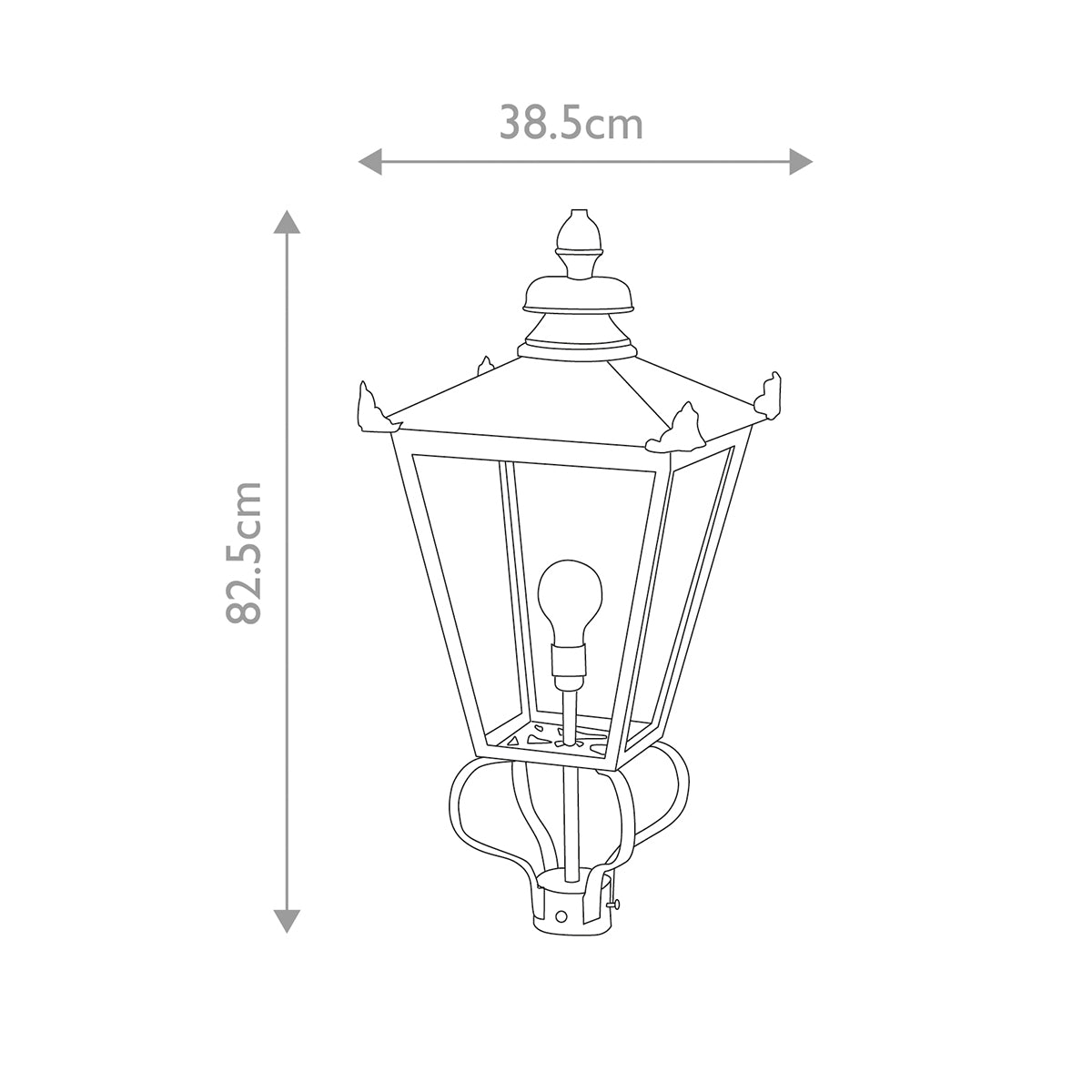 Schéma coté indiquant hauteur 82,5 cm et largeur 38,5 cm du luminaire.