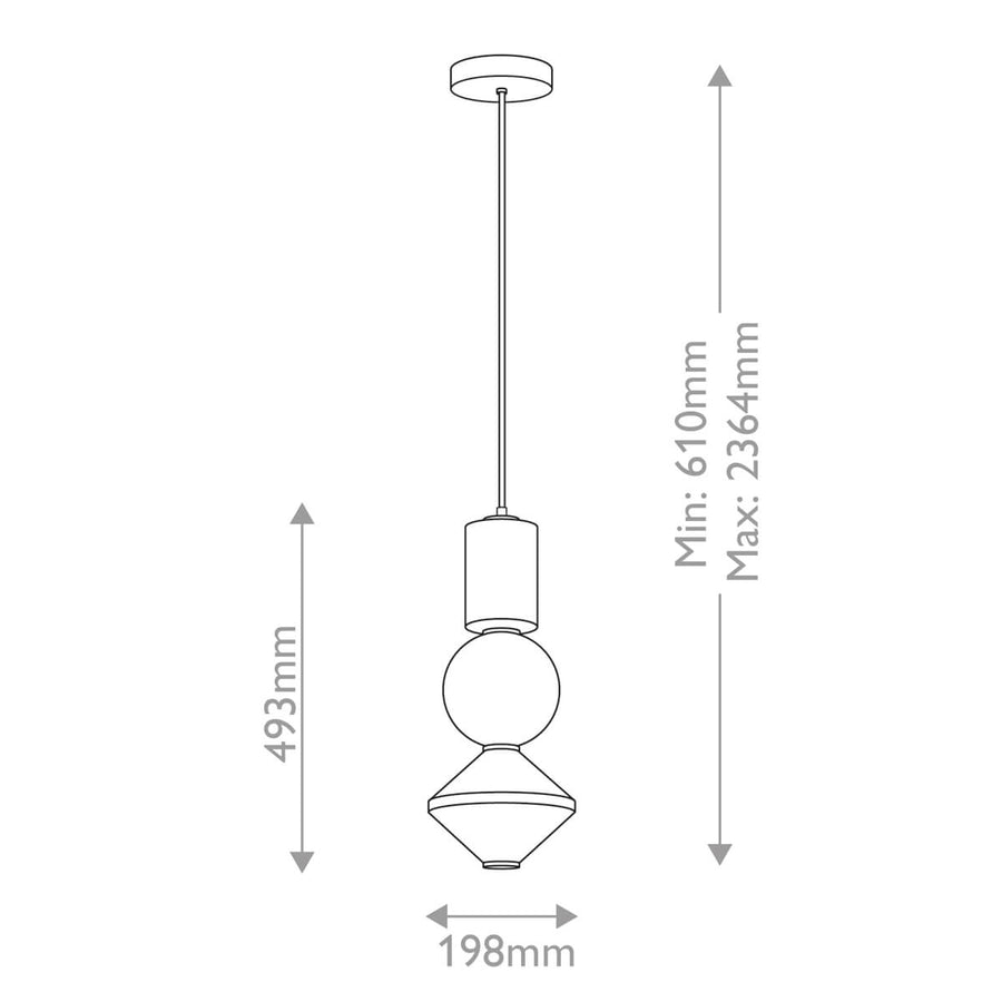 Schéma de dimensions coté : hauteur 493 mm, largeur 198 mm et réglage du câble