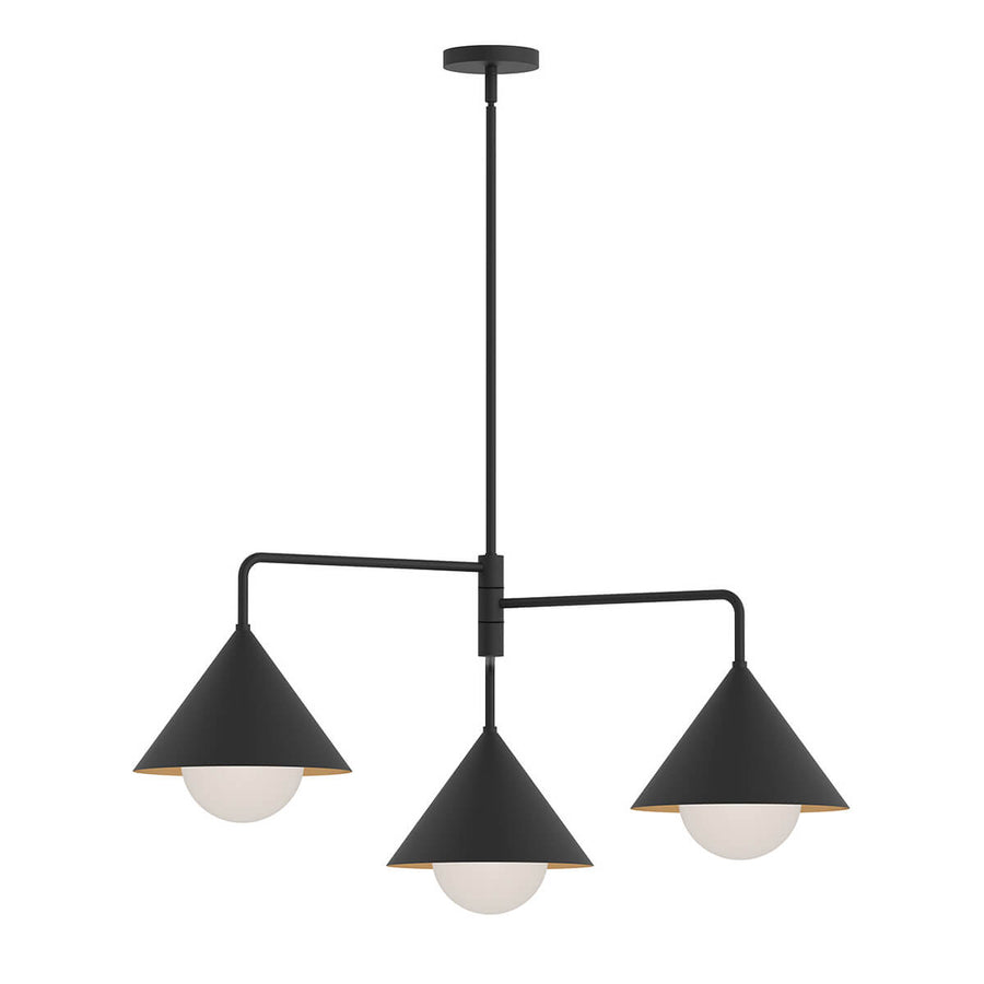 Vue de face du luminaire suspendu avec trois abat-jours coniques noirs et diffuseurs en verre.
