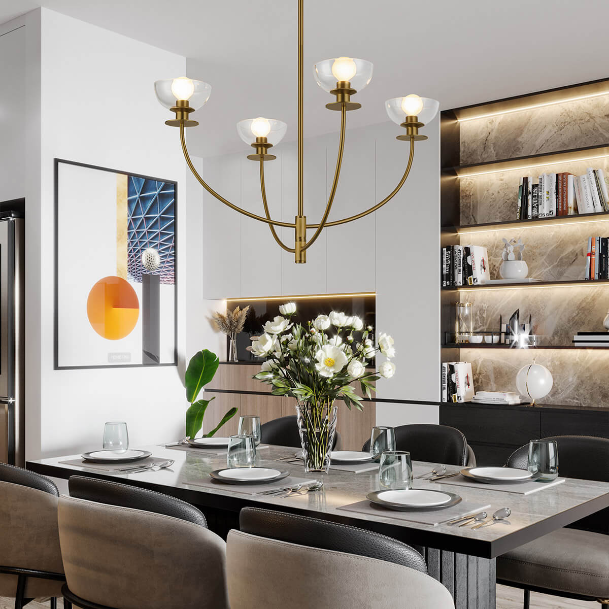 Mise en ambiance au-dessus d'une table à manger dans un intérieur contemporain