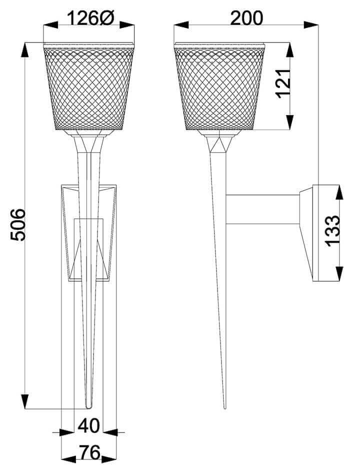 Schéma coté de l'applique : hauteur 506 mm, largeur 200 mm