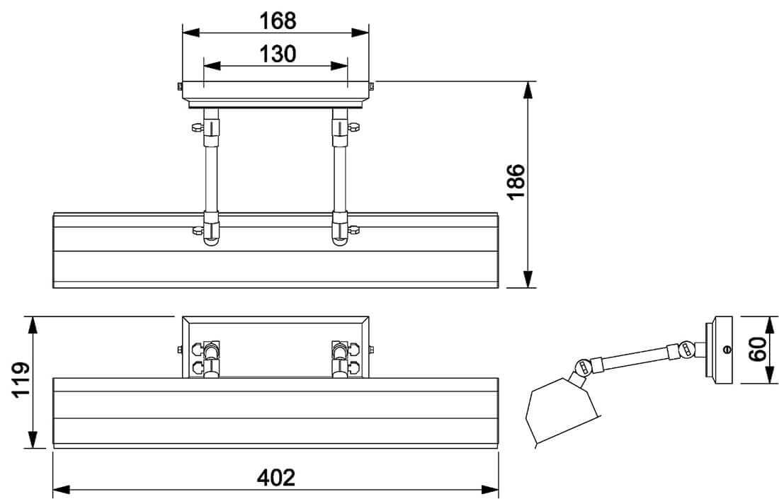 Schéma coté de l'applique avec dimensions du support, du bras et du bandeau.