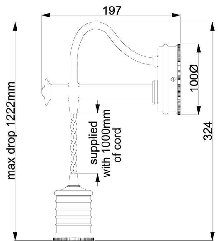 Schéma technique coté avec dimensions de l'applique et longueur de cordon.