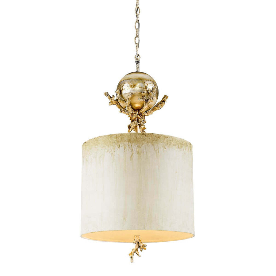 Suspension sur fond blanc, abat-jour cylindrique crème et détail doré en branches