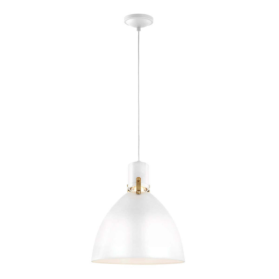 Luminaire suspendu blanc photographié de face, anneau et vis de fixation dorés