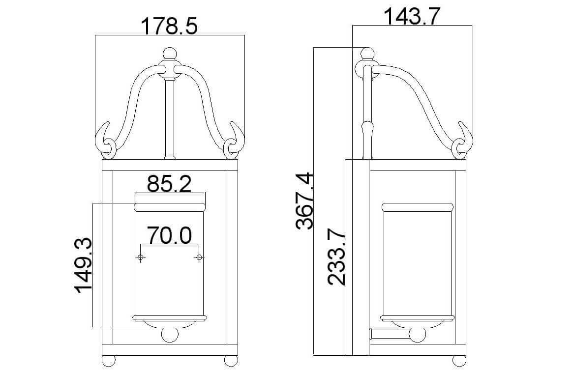 Schéma coté du luminaire : largeur, profondeur et hauteur de la lanterne murale