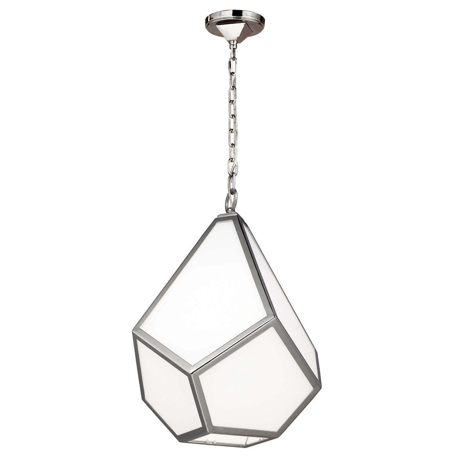 Suspension nickel poli en forme de diamant facetté, verre dépoli blanc, vue de face