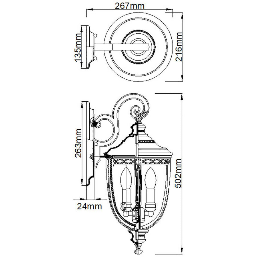 Schéma technique coté de l'applique, hauteur 502 mm et largeur 267 mm.