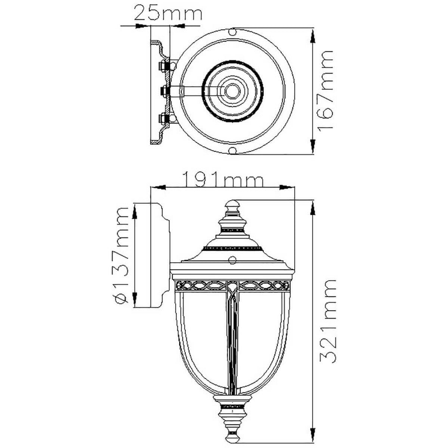 Schéma de dimensions avec largeur, hauteur et diamètre de l'applique murale.