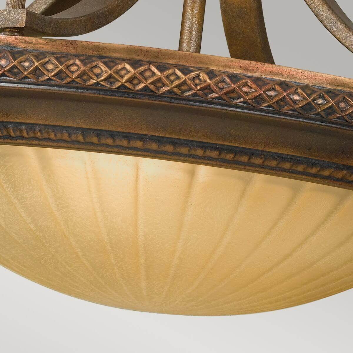 Détail de la coupelle en verre strié et de la bordure métallique décorée