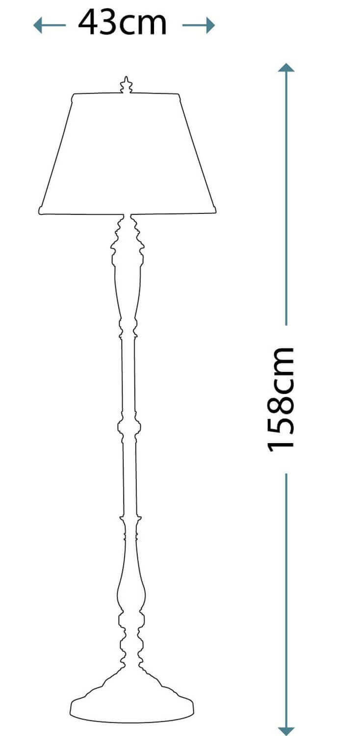 Schéma coté du lampadaire indiquant une hauteur de 158 cm et largeur 43 cm.